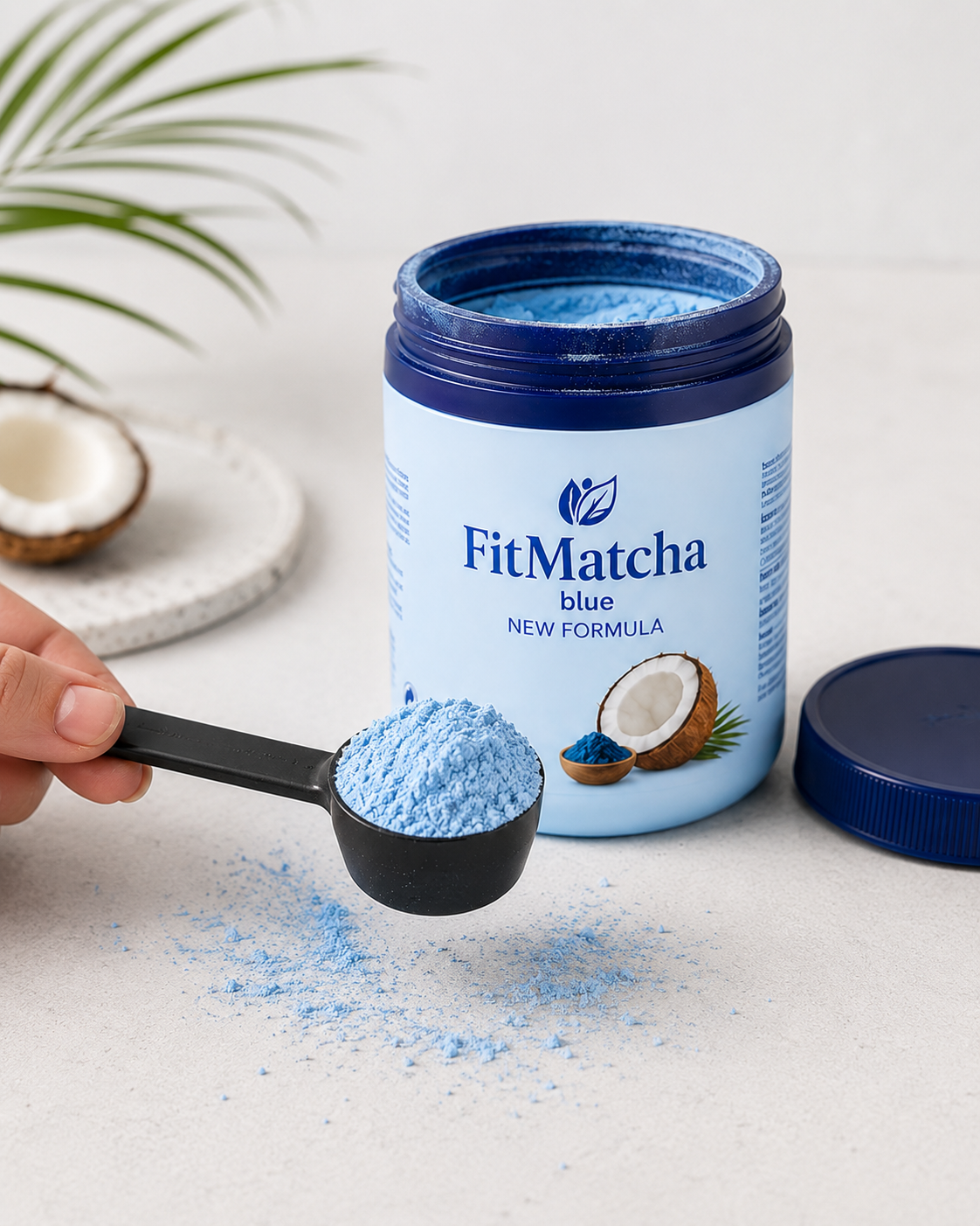 FitMatcha Blue — otwarte opakowanie z proszkiem